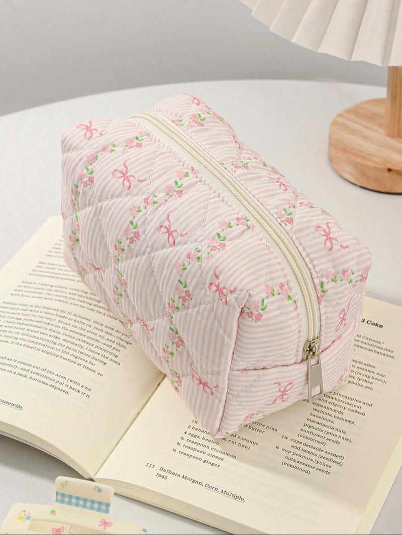 Striped & Floral Pattern Quilted Makeup Bag Set, 1 Set/ Large Capacity Portable Makeup Bag, Travel Essential Makeup Bag, Daily Makeup Bag, Makeup Storage Bag, Travel Cosmetic Bags