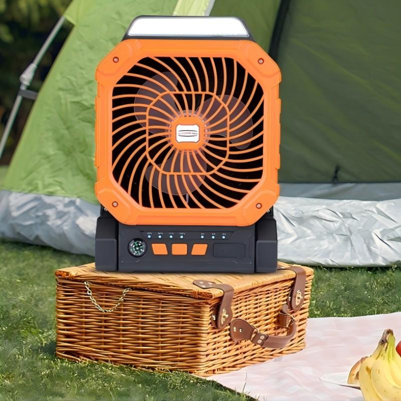 New Solar Powered Outdoor Fan with Solar Panel, Portable USB Charging, 4 Speeds, 3 Light Modes, Ultra Quiet, Timer, Camping Tent Fan