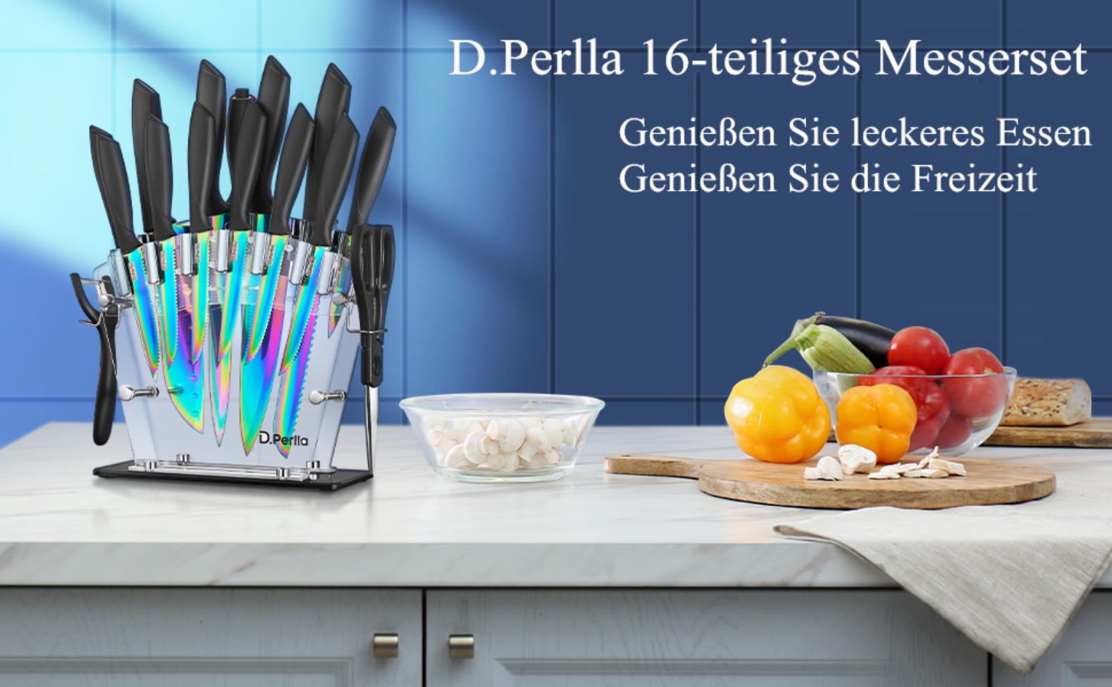 D.Perlla Ceramic Knife Set 16 Pieces, Colorful Knife Set Titanium Coating, with Acrylic Knife Holder, High Carbon Content No Rust, Super Sharp Kitchen Knife