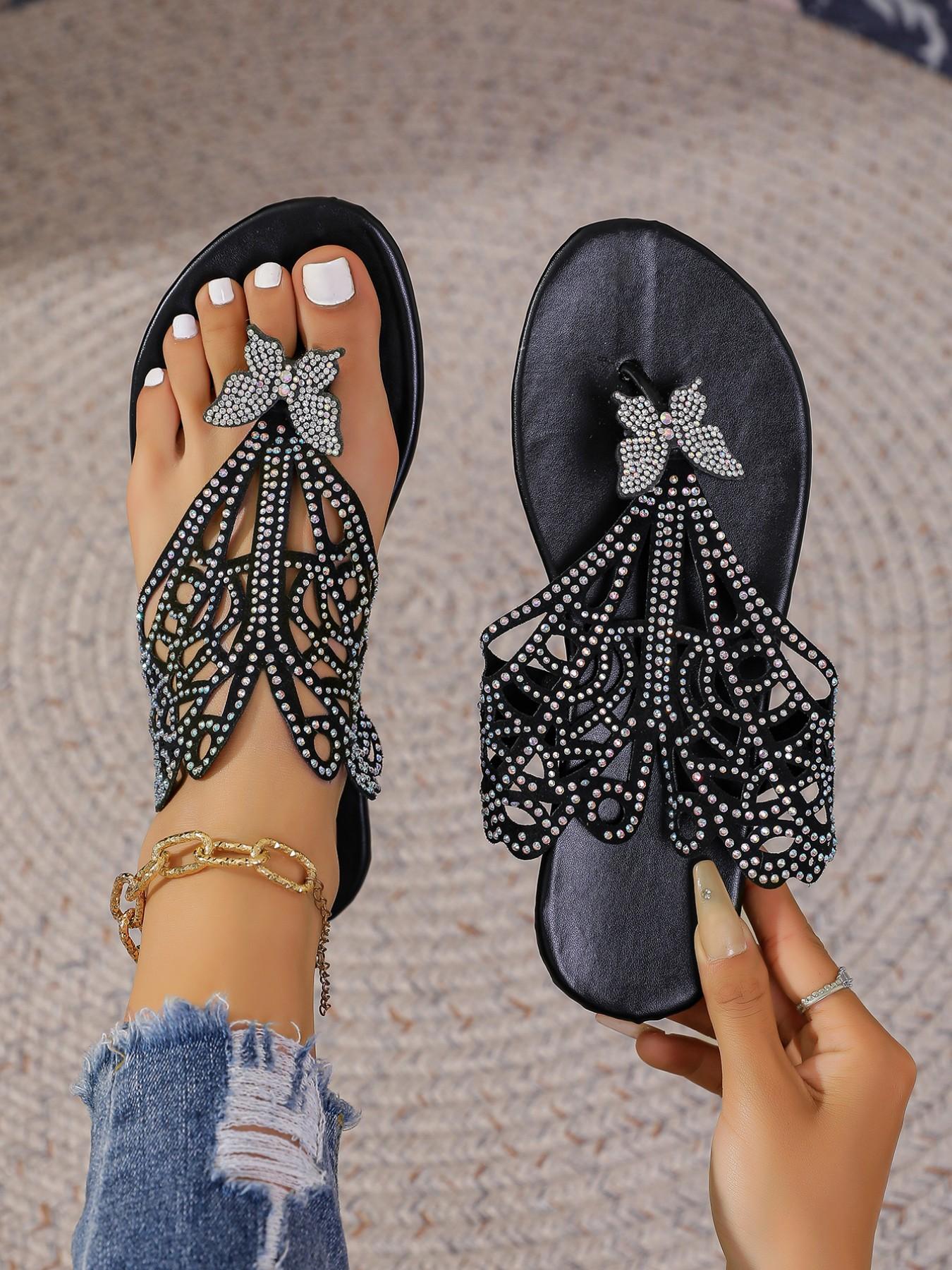 Elegant Rhinestone Butterfly Sandals, French Style Open Toe Flat Slippers, Versatile Outdoor Wear, Comfortable Summer Footwear