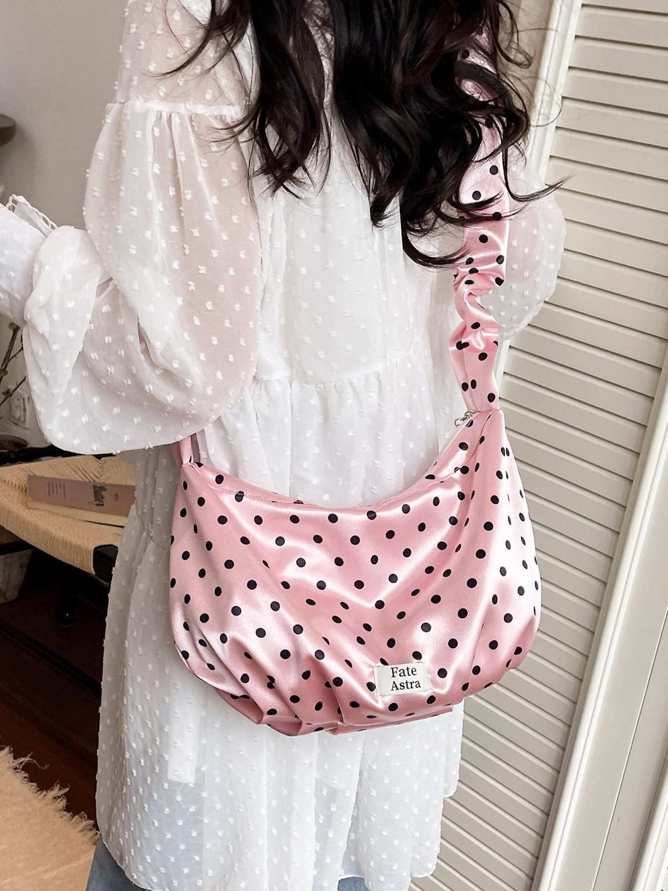 1pc Ladies' cute polka dot shoulder bag, pleated elastic shoulder strap design, aesthetic retro cloud bag with "Fate Astra" label, sweet casual daily perfect for spring and summer wear