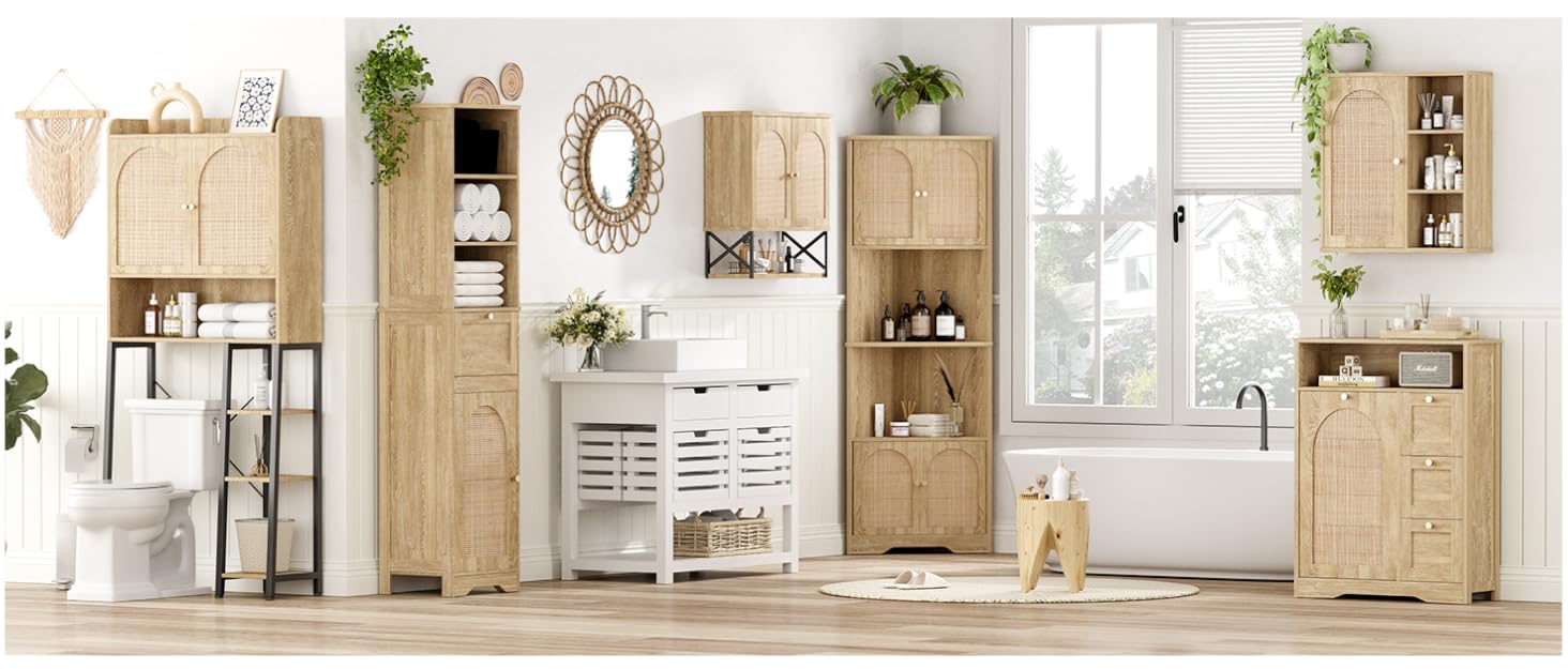 Vabches 67'' Tall Corner Cabinet with Handmade Rattan Doors, Rattan Storage Cabinet with Adjustable Shelves, Corner Bookshelf Space Saver for Barthroom, Living Room, Kitchen, Natural
