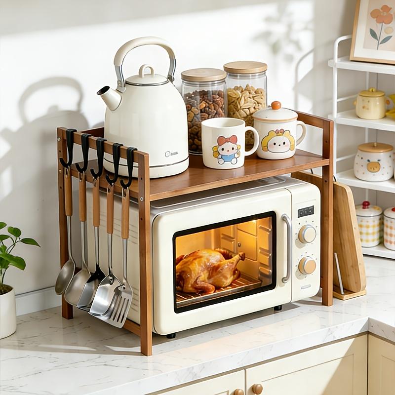 1pcs Bamboo Kitchen Countertop Oven Rack with Hooks and Cutting Board Holder Space Saving Vertical Microwave Storage Shelf Multi - functional Condiment Organizer Heavy Duty Easy Installation