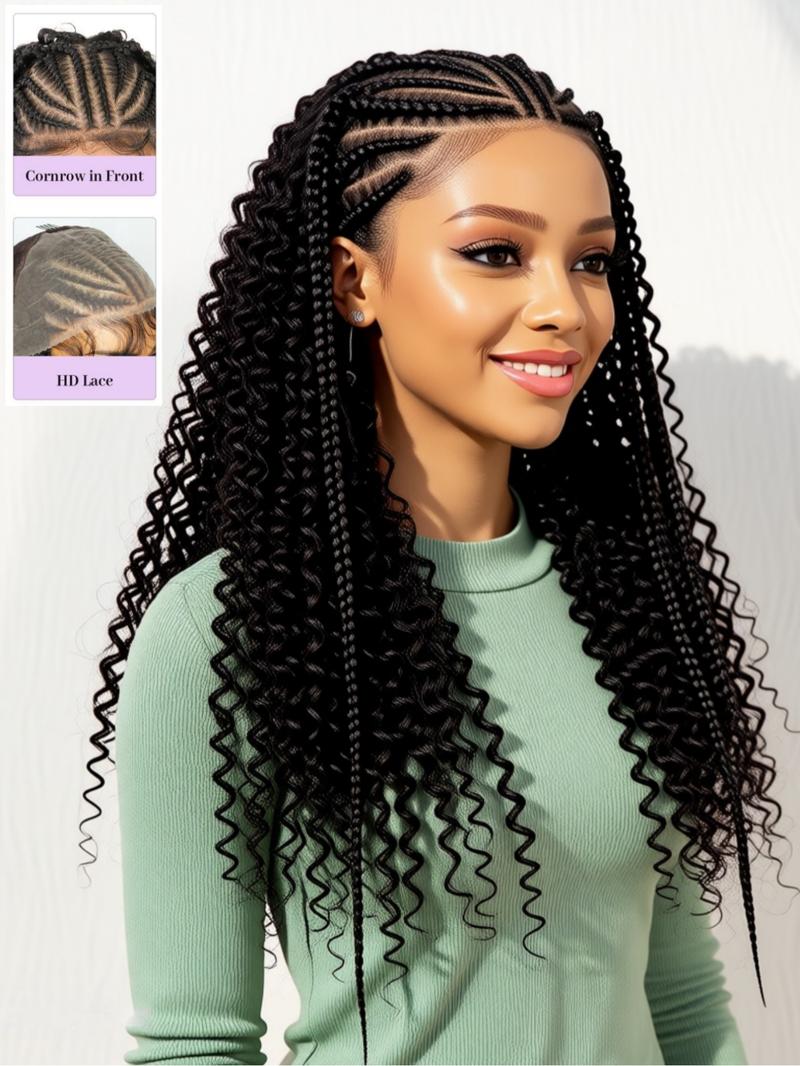 13x6 HD Lace Frontal Half-Braided Curly Wigs, Synthetic Braids Half-Cornrows Half-Curly Wig with Baby Hair, Pre-Styled Braid Wigs, 18 Inch