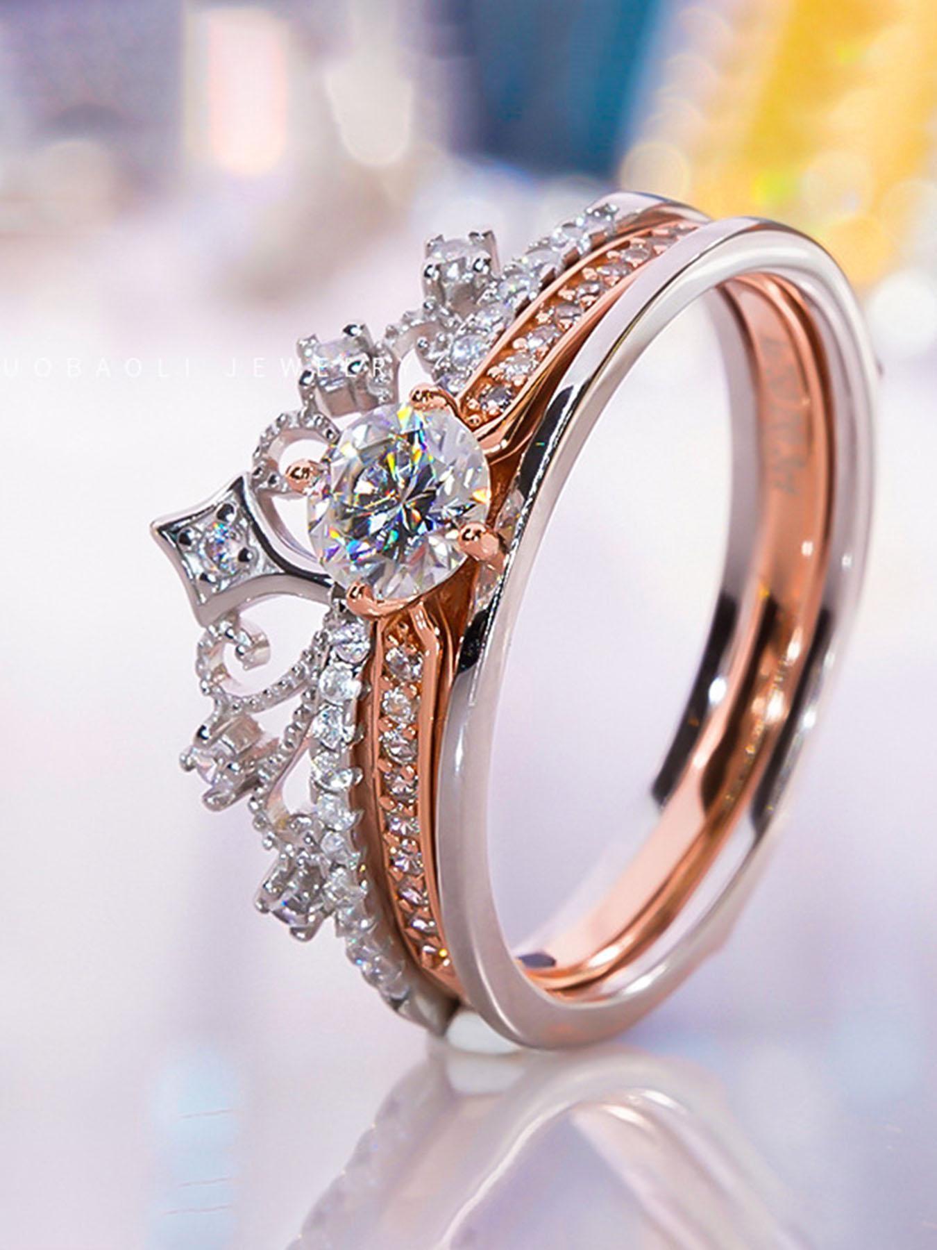 Fireworks Castle Ring, Princess Sparkling Diamond Crown Ring, Stackable Double-Layer Two-in-One Adjustable Rose Gold Ring, Engagement/Wedding Ring, Exquisite Jewelry Gift, Exquisite Trendy Ring