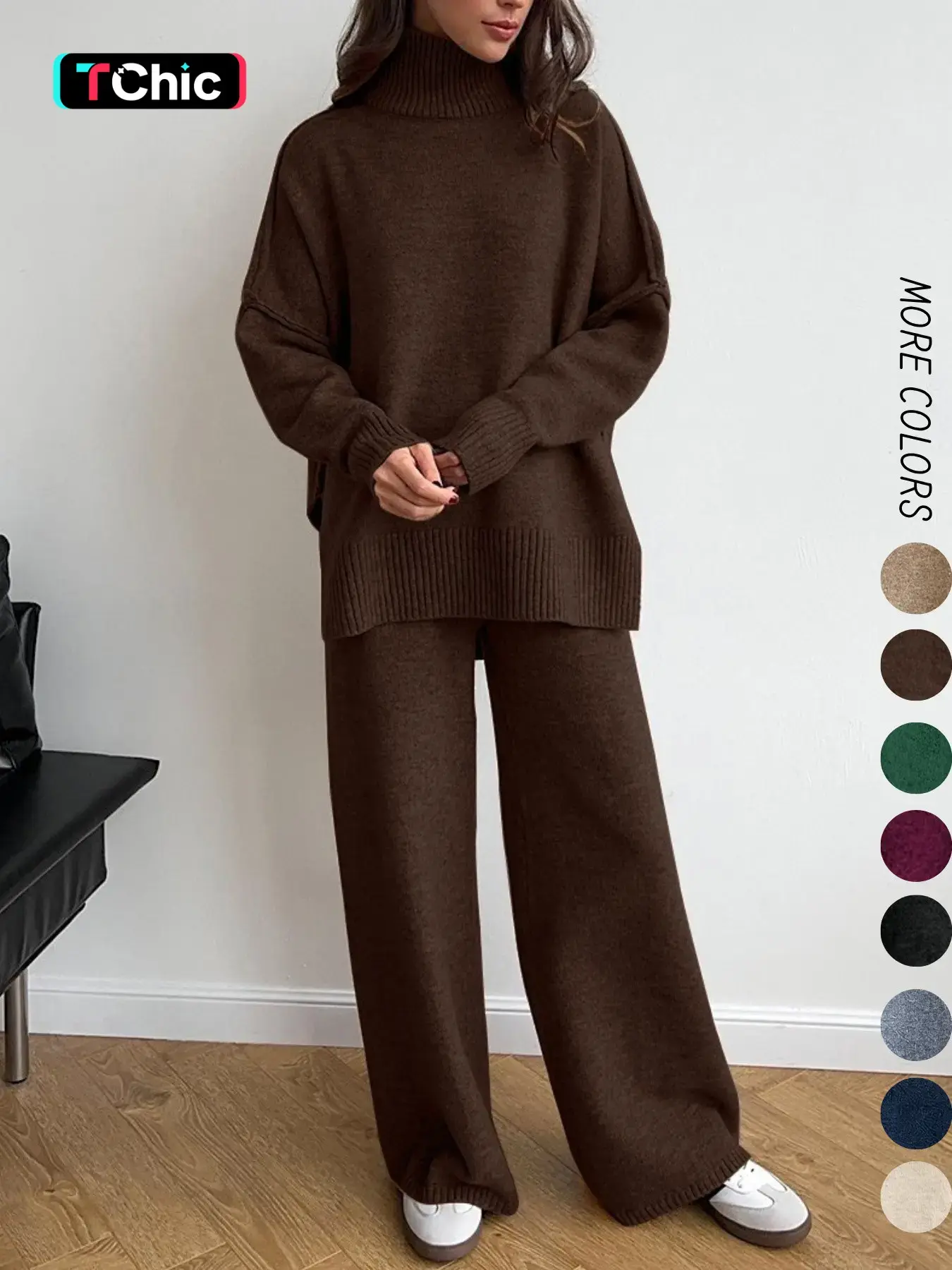 Women's 2 Pcs Sweater Set Autumn/Winter Long Sleeve Turtle Neck Drop Shoulder Solid Color Pullover Sweater and Wide Leg Pants, Women Fall Outfits, Winter 2 Piece Sweater Set, Women Pants Sweater Set, Fall Loungewear Set, Casual Sweater Set