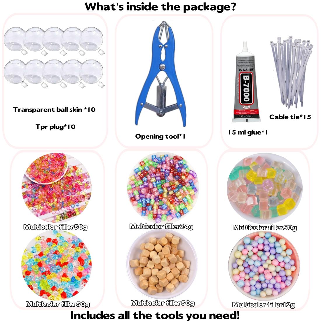 DIY Stress Ball Making Kit, Includes 6 Filler Packs, 10 Transparent Blank Skins, 15ML Glue, Expansion Tool, Ideal for Adult Relaxation