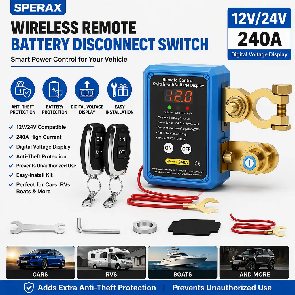Sperax Wireless Remote Battery Disconnect Switch Vehicle Accessory - 12V/24V 240A Digital Voltage Display, Car Safety Kill Switch, Easy-Install Kit for Vehicle, RV, Boat, Adds Extra Anti-Theft Protection, Prevents Unauthorized Use