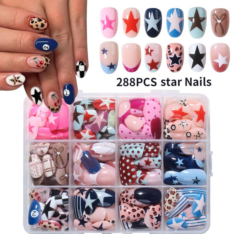 288pcs Acrylic Nail Tips Set, Stylish Acrylic Nails, Short Oval Star Leopard Bow Stripe Cartoon Dot French Design, Reusable Fake Nails for Women Girls 288pcs Acrylic Nail Tips Set, Stylish Acrylic Nails, Short Oval Star Leopard Bow Stripe Cartoon Dot French Design, Reusable Fake Nails for Women Girls
