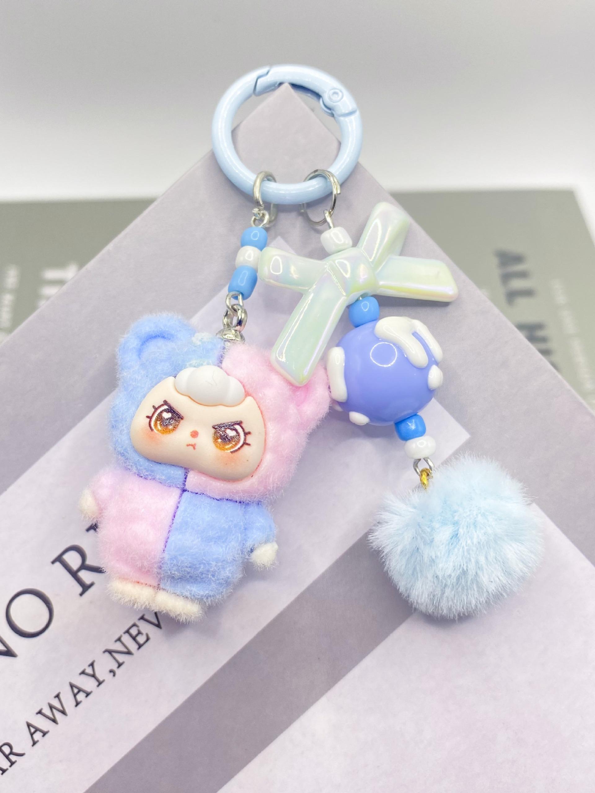 Kawaii Cute Dopamine Flocked 3-Year-Old Doll Keychain, Color Block Bow Moe Beads Bag Charm, Sweet Backpack Pendant Car Key Ornament Phone Strap, Ideal Birthday Christmas Valentine's Day Gift for Student Girls