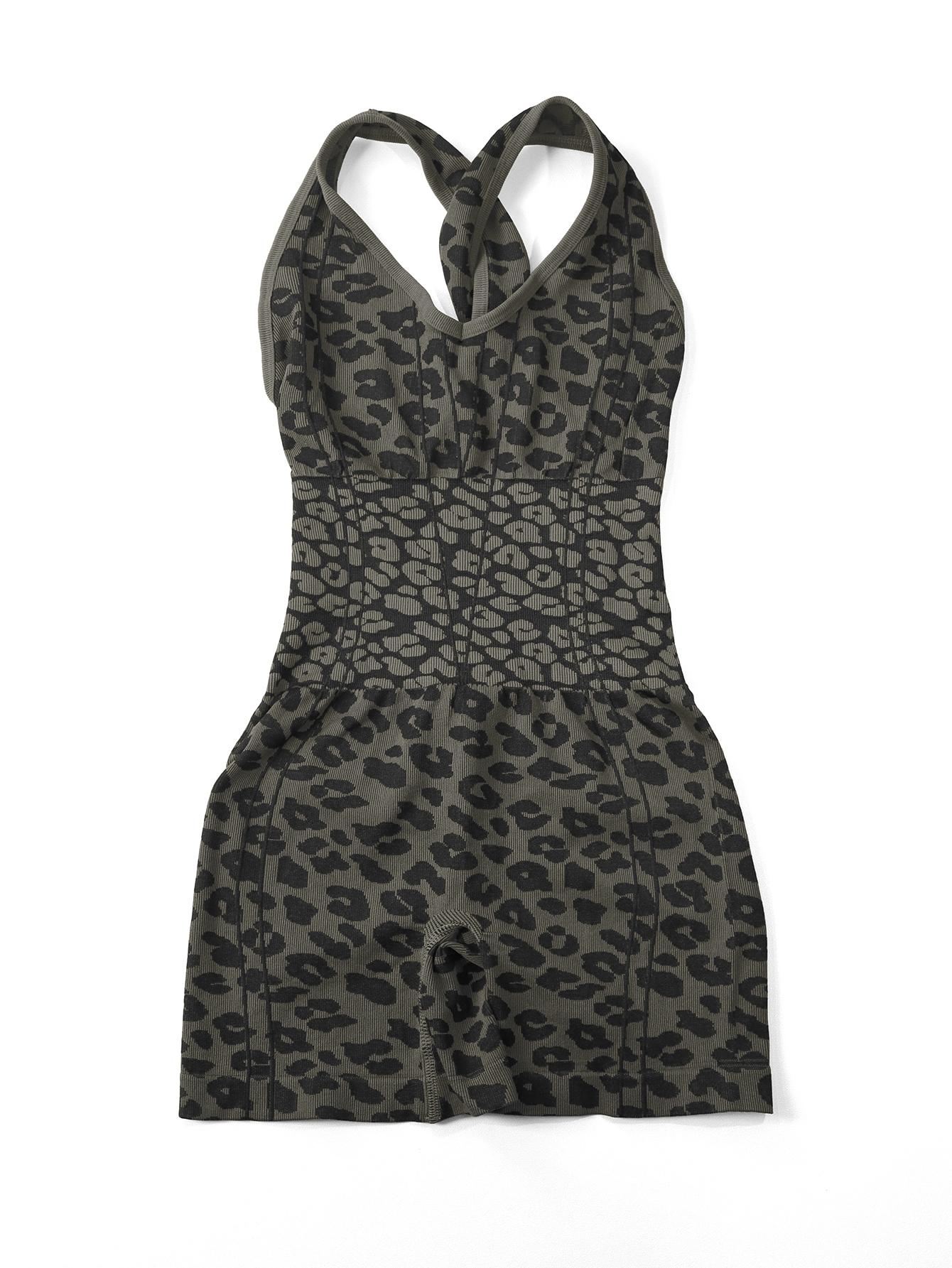Women's Sporty Jumpsuit, Deep U-Neck Leopard Print, High Waist Fitted, Breathable Yoga Wear, Gym Outdoor Running Training