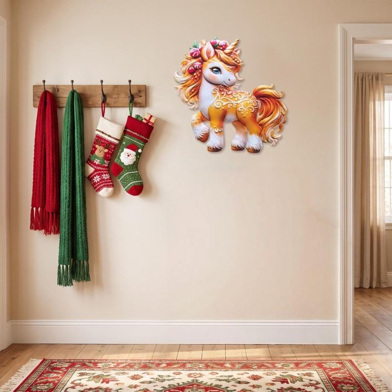 New Iron Art Christmas Unicorn Wall Decor, Candy Unicorn Metal Wall Hanging, Holiday Home Entry Party Atmosphere Decoration, Festive Christmas Ornament