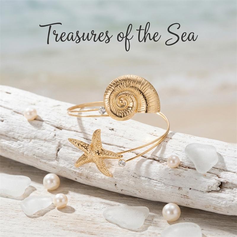 Elegant Starfish and Seashell Open Bangle Bracelet for Women Adjustable Metal Arm Cuff Jewelry Trendy Ocean Inspired Fashion Accessory Summer Beach Style
