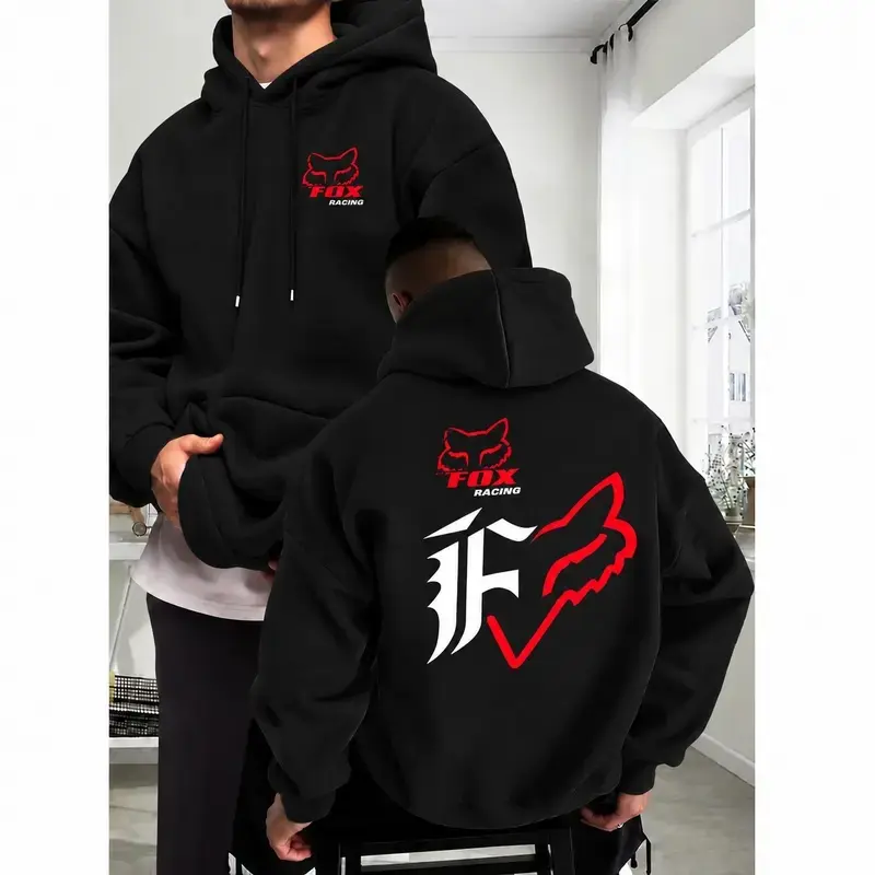Men's Vintage Classic Soft Oversized Ribbed Fleece Pullover Hoodie - Relaxed Fit, Baggy, Fox Print, Long Sleeve, Dual-Sided Design, Drawstring Hood, Kangaroo Pocket, Cargo Hem, Layer-Friendly Casual Menswear for Outdoor Riding