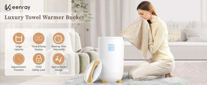 Keenray Towel Warmer for Bathroom, Luxury Towel Warmer Bucket with Timer, LED Display for Time and Temperature, Delay Time Up to 24 Hours, Child Lock, Hot Towel Heater, Gifts for Mom,Dad,Him,Her, Grey