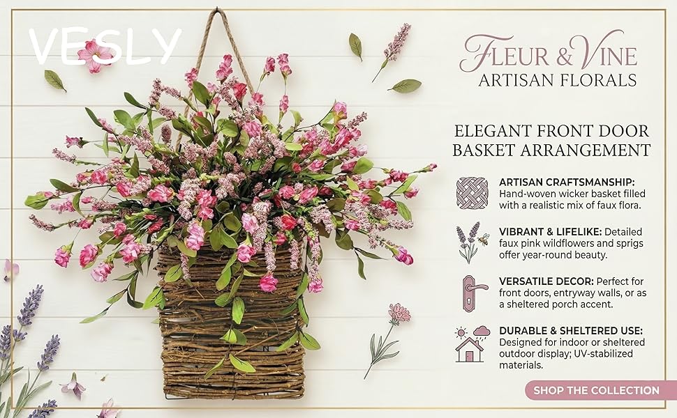 Wildflower Wreath with Pink Berry Accents - Handwoven Rattan Basket for Front Door, Spring Farmhouse Decor for Mother's Day, Wedding and Everyday Home Accent