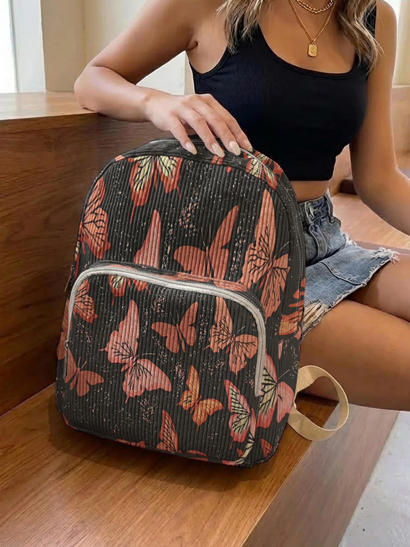 1 piece of 2D printed lady's backpack with butterfly print pattern, chenille texture + layered storage + lightweight and easy to carry|Perfect for students to go to class/shopping/short trips|Combines atmosphere with practicality