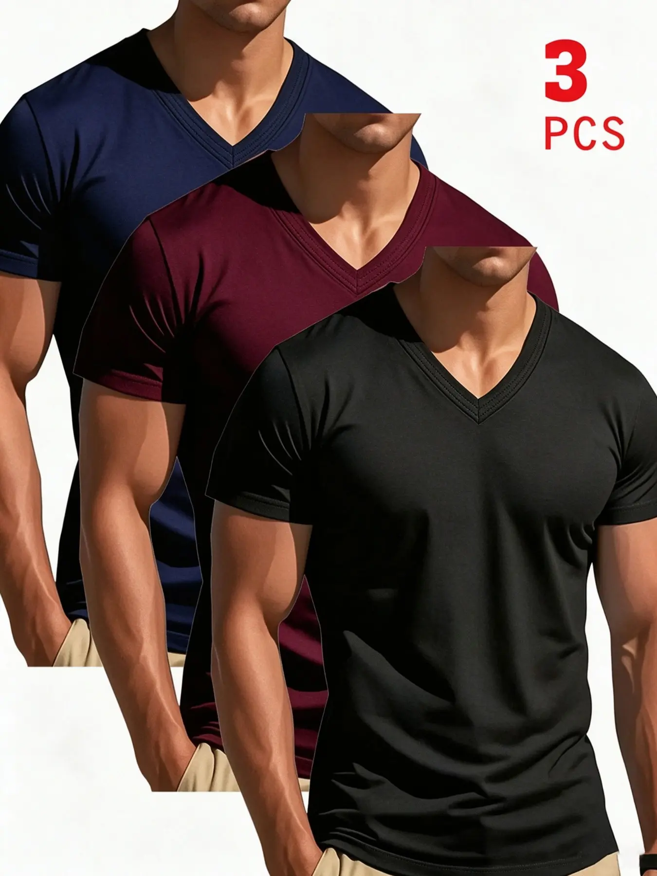 3-Pack Men's Multicolor V-Neck Short Sleeve Shirts, Top, Modern Casual Style, Comfortable Wrinkle-Resistant Fabric, Streetwear T-Shirts