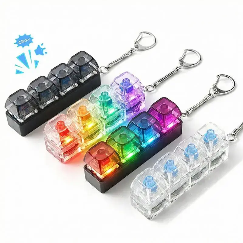 Glowing Keyboard Fidget Toy, 4-In-1 Stress Relief Keychain with LED Lights, Clear Keyboard Button Finger Clicker for Anxiety Relief decorative key Neon Decompression Squeeze