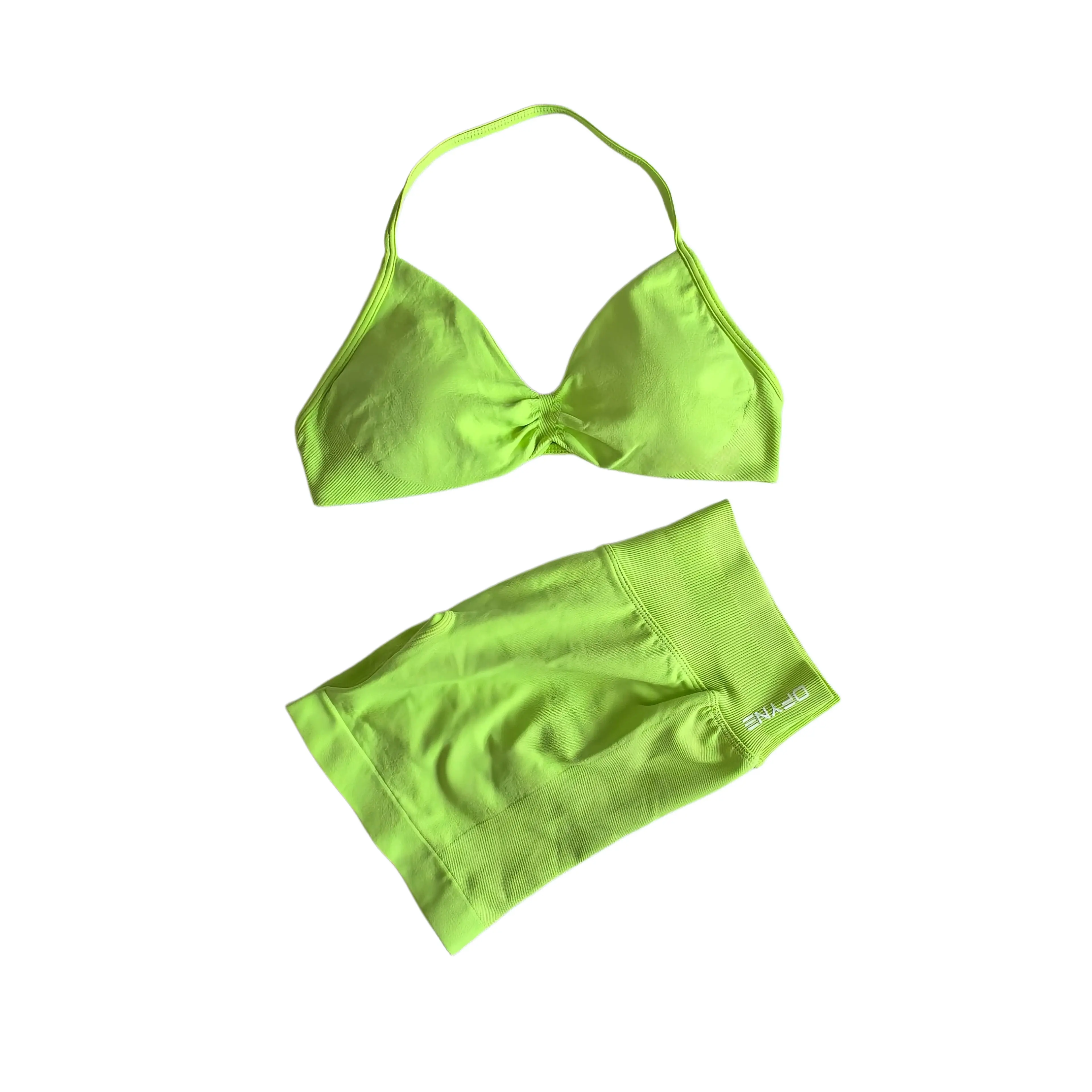 DFYNE New Solid Color Bow Sports Bra + High Waist Shorts 2PCS Yoga Gym Workout Matching Set Women