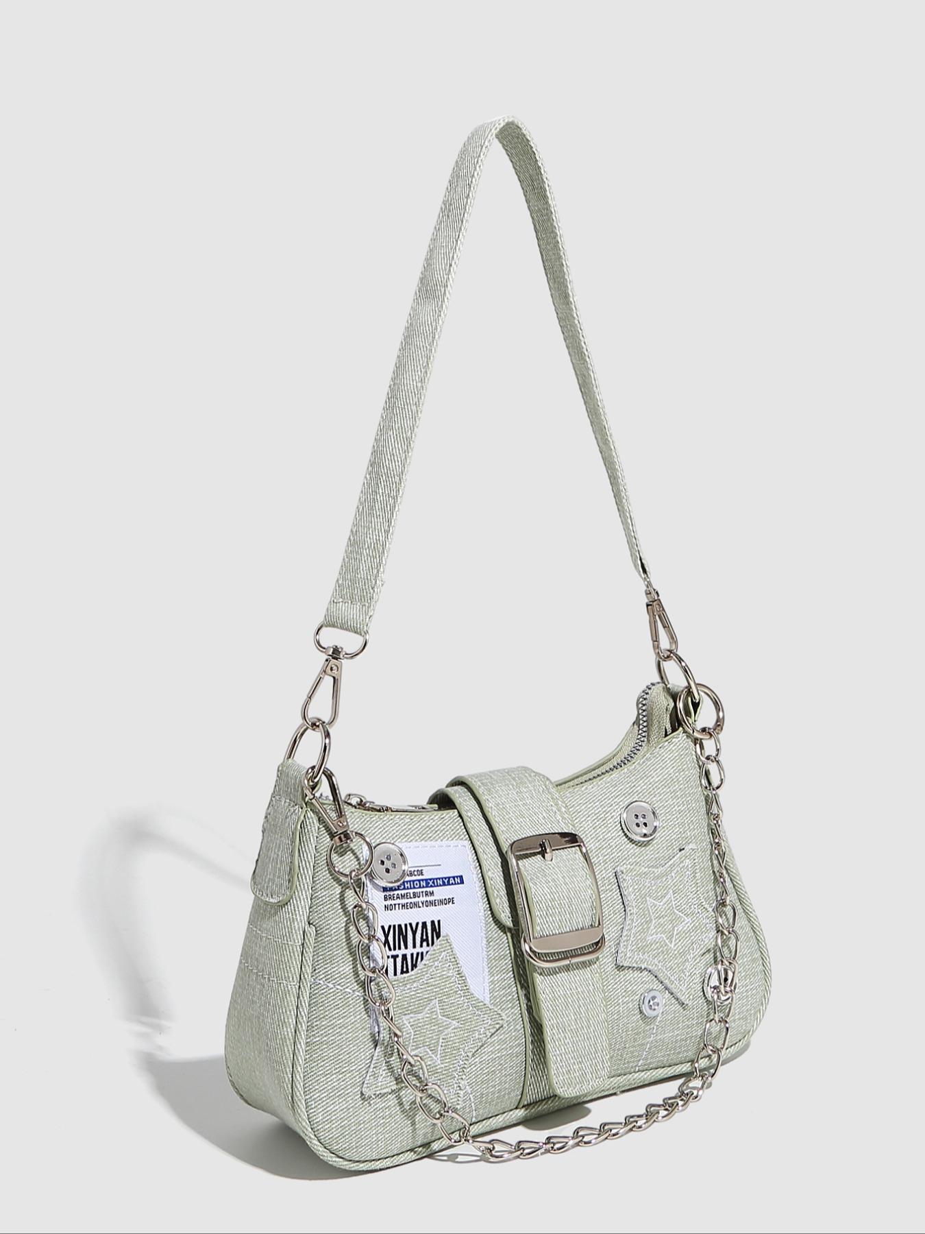 Women's Fashionable Star Patched Shoulder Bag, Vintage Y2K Style Chain Decor Underarm Bag for Daily Used, Casual Trendy Versatile High-quality Daily Commuting Bag, Crossbody Chain Bag