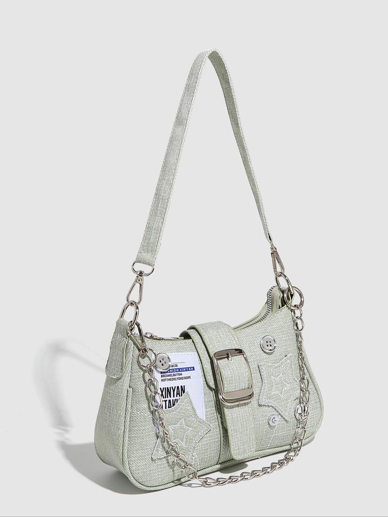 Women's Fashionable Star Patched Shoulder Bag, Vintage Y2K Style Chain Decor Underarm Bag for Daily Used, Casual Trendy Versatile High-quality Daily Commuting Bag, Crossbody Chain Bag