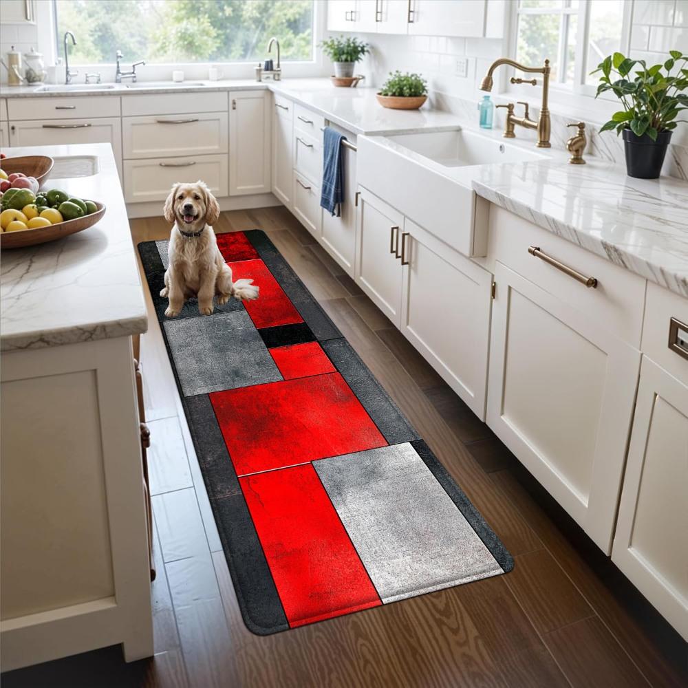 1PC， Red Black Gray Geometric Splicing Patterned strip rugs, home décor, bathroom mats, entryway mats, bathroom non-slip mats, indoor entrance rugs, bedroom bedside mats, kitchen mats, hallway rugs, flannel sponge rugs, hallway runner rugs