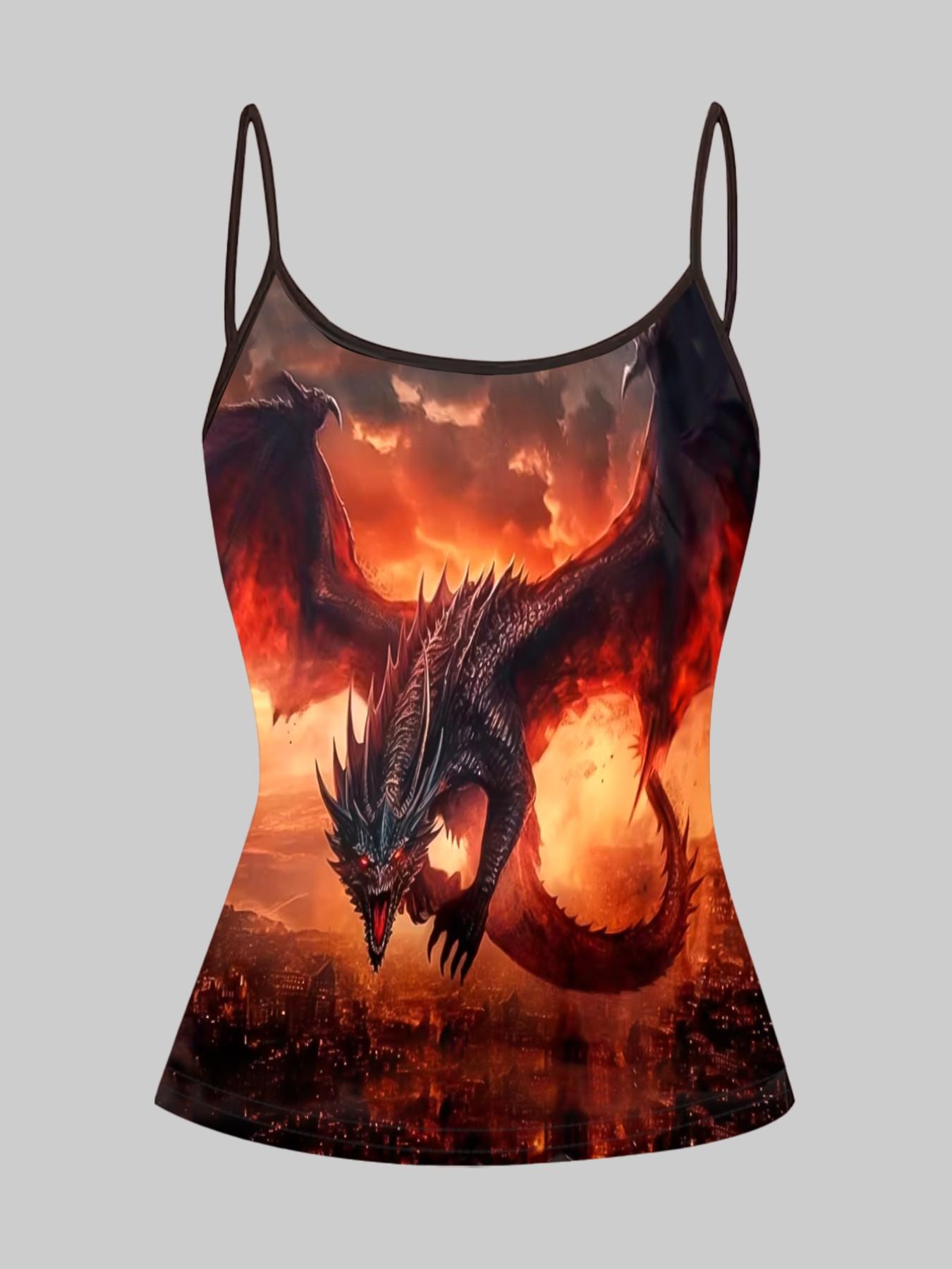 Flame Dragon Print Strap Set, Summer Home Sleepwear, Casual Slim-Fit Top, Sleeveless All-Over Print, Unique Stylish