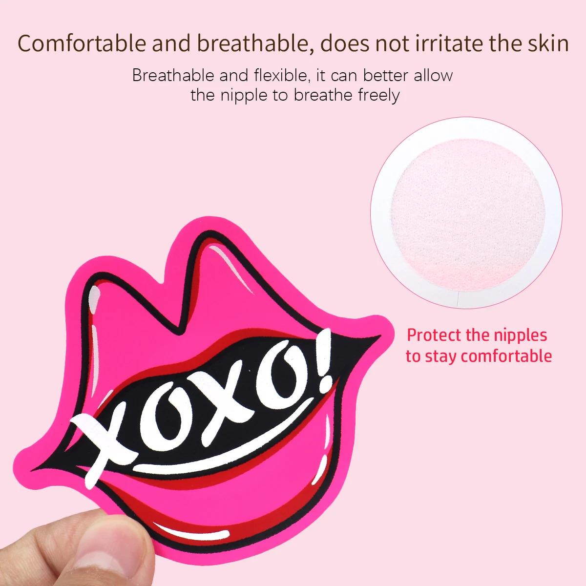 16 pairs of glitter glossy lip gloss stickers self-adhesive stickers black base red lip print kisses areola stickers seamless female disposable cover stickers