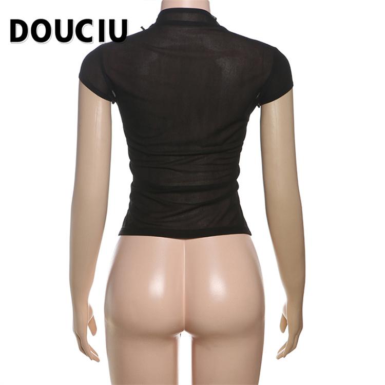 DOUCIU Summer Thin Cool Perspective Intellectual Elegant Versatile Street Chiffon Mesh Short-Sleeved Top T-Shirt