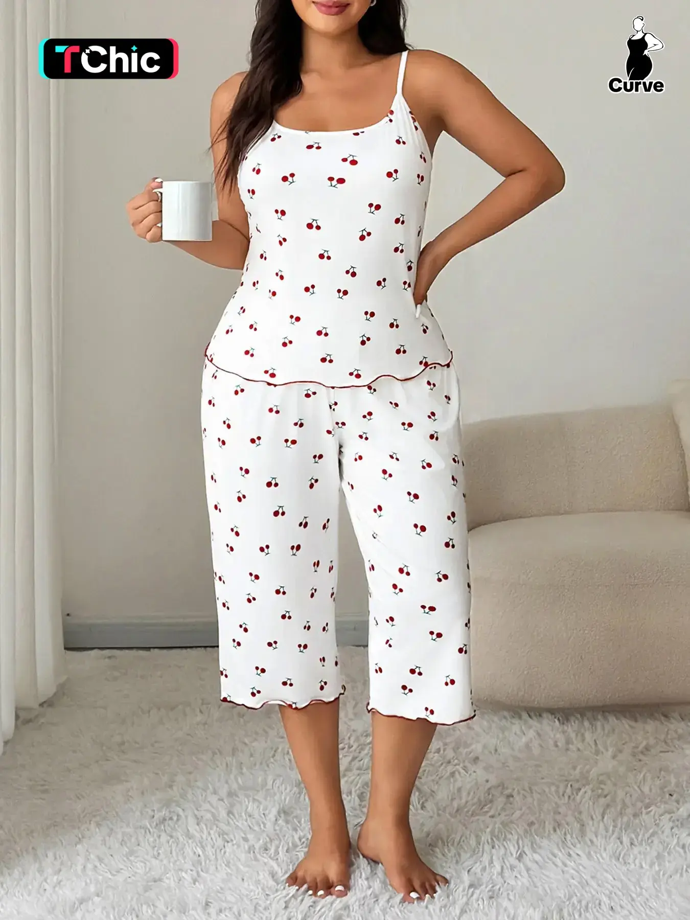 Women's Cherry Print Sleeveless Pajama Set, Cami Top & Wide-Leg Pants, Comfortable Stretch Sleepwear for All Seasons