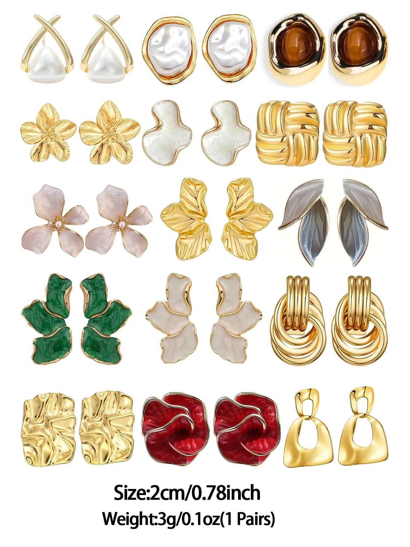 Women's Stylish Gold-Plated Pearl Embellished Earrings Set, Stylish Jewelry, Hypoallergenic Studs & Dangles, Ideal Gift for Her, 15 Pair Collection, Earring Stacking Set, Hypoallergenic Earrings Pack