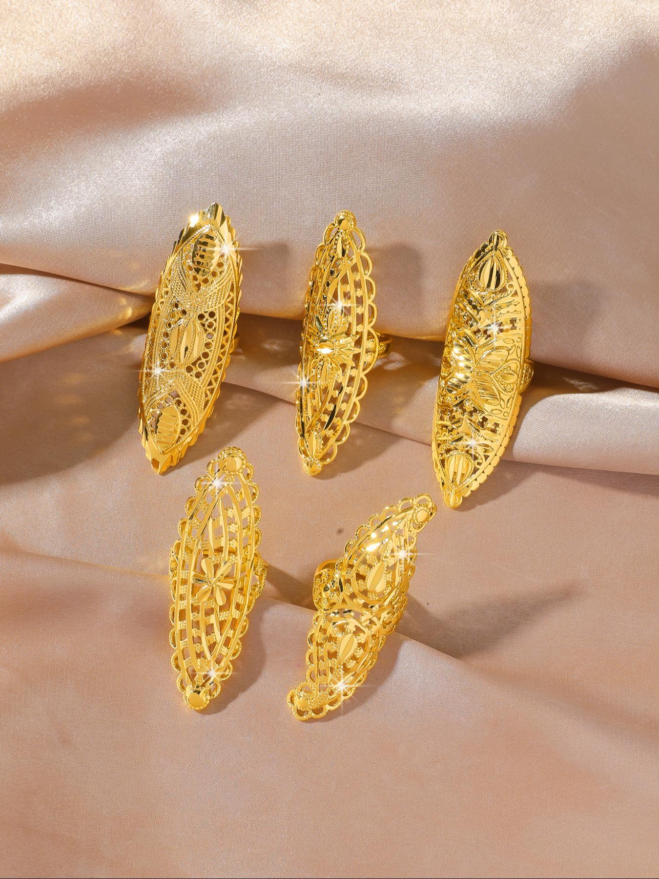 5-piece set of geometric pattern hollow ring, flower clover ring, Dubai Arab Middle Eastern style jewelry, copper plated adjustable 24k women's long ring, suitable for giving to girlfriends, delicate gifts for friends, daily gifts, Elegant Everyday Ring