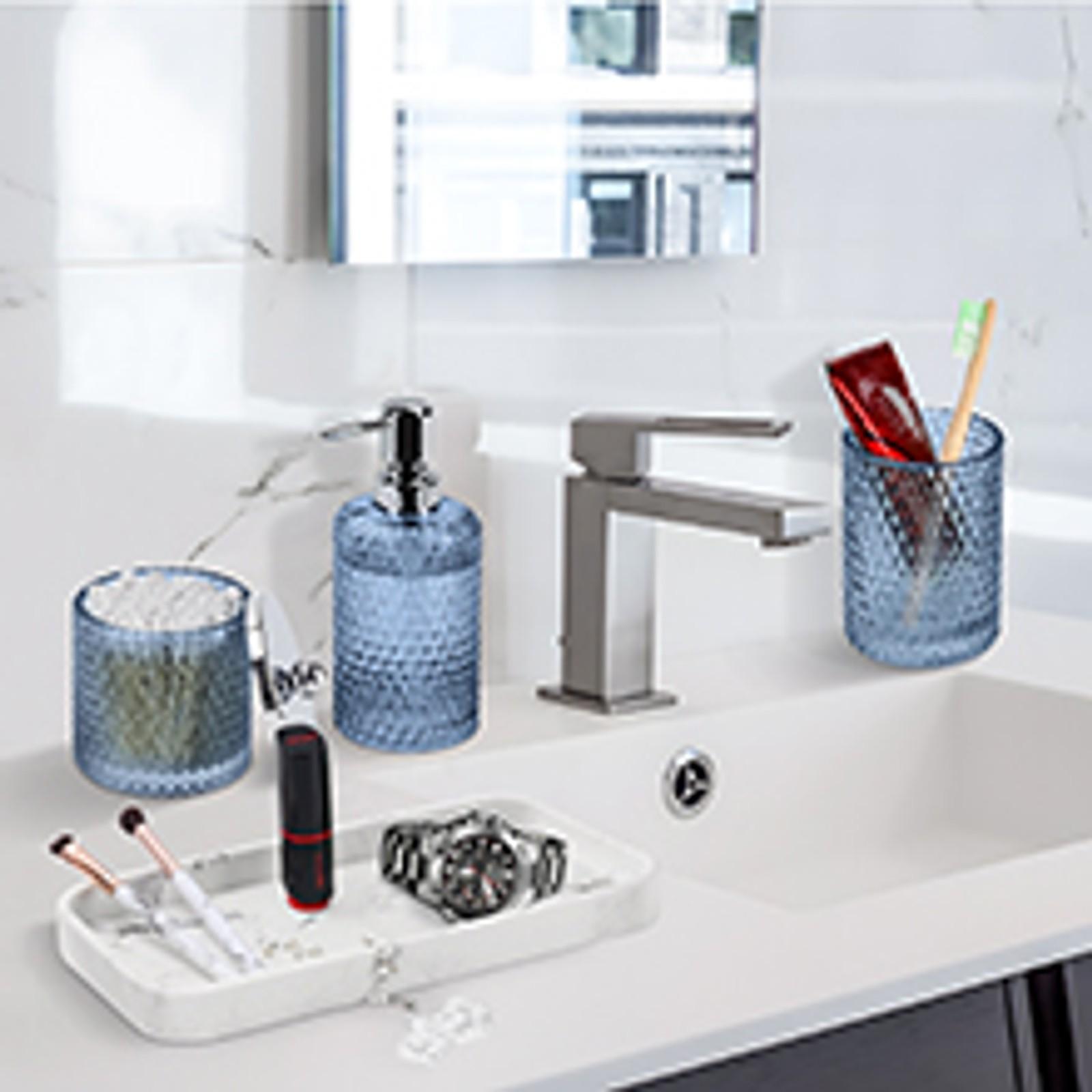Bathroom Accessory Set,4 Pcs Clear Glass Bathroom Accessories Set-Lotion Soap Dispenser,Toothbrush Holder,Qtip Holder Dispenser & Resin Vanity Tray,Countertop Vanity Organizer,Crystal Clear