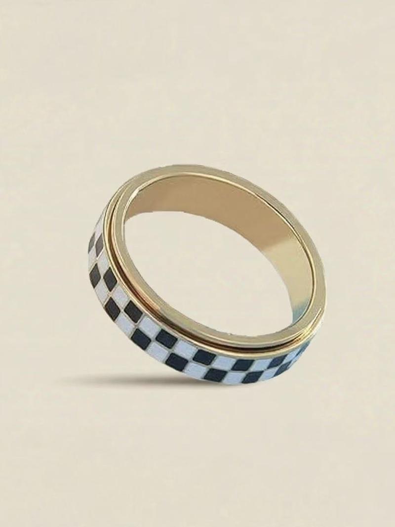 Stainless Steel Checkered Rotating Stress Relief Adjustable Ring, Unisex Casual Daily Wear, Simple Chessboard Design Jewelry