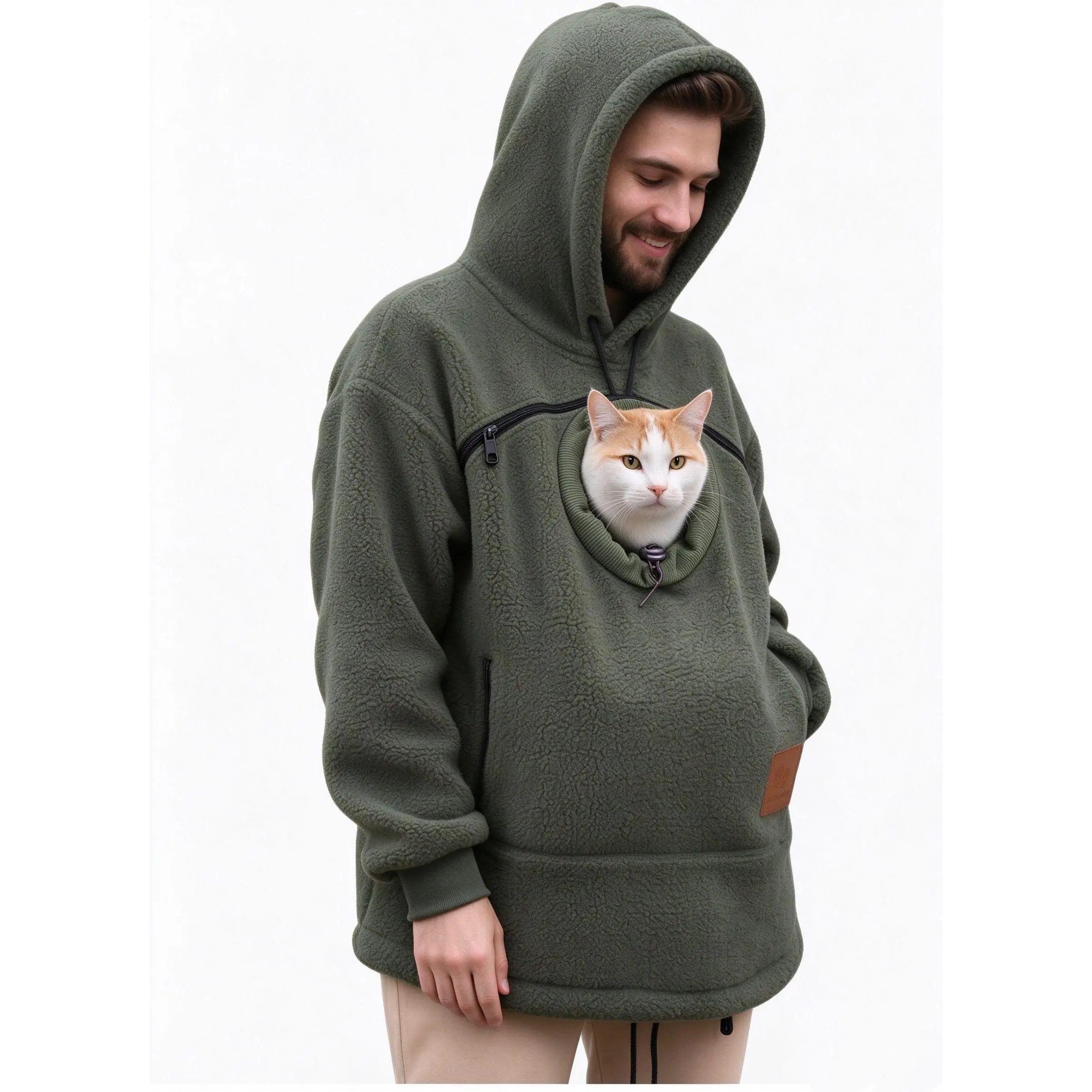 Men's Sherpa Hooded Pullover Sweatshirt - Casual Menswear Fleece Blend Sports Outerwear with Kangaroo Pouch for Small Dogs, Cats