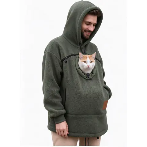 Sherpa Hooded Carrier Hoodie for Men - Fleece Blend Sports Outerwear with Kangaroo Pouch for Small Dogs, Cats