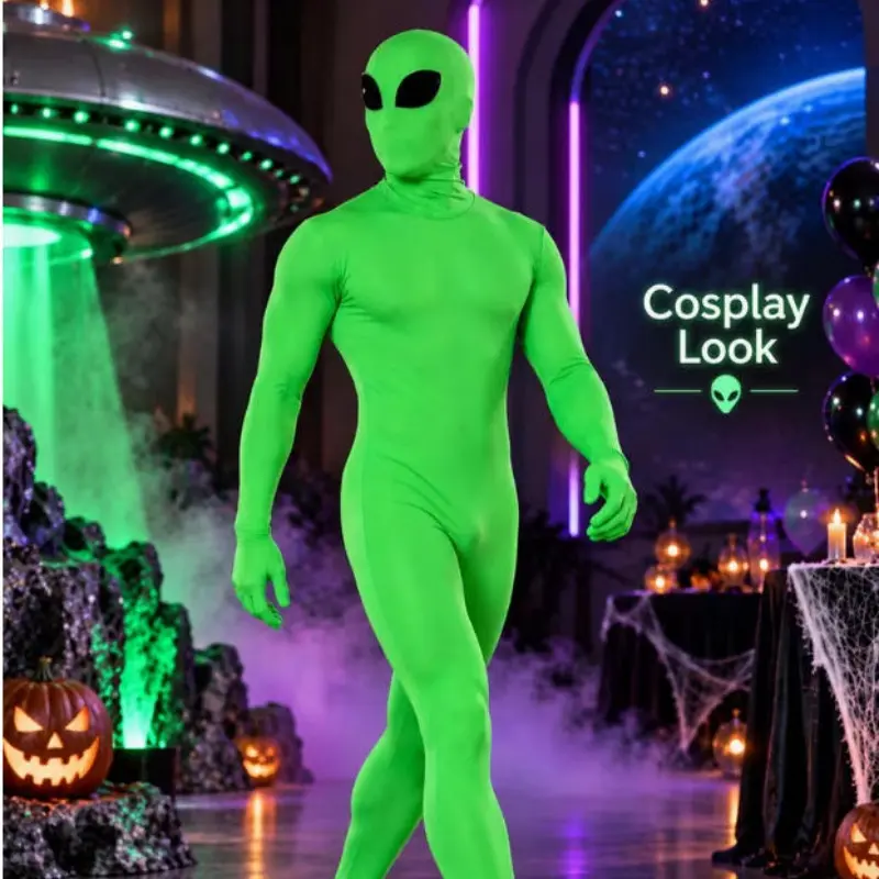 Men's Fluorescent Alien Full Body Suit with Hood, Elastic Tight Sci-Fi Cosplay Costume, Halloween Party Stage Performance Dressup