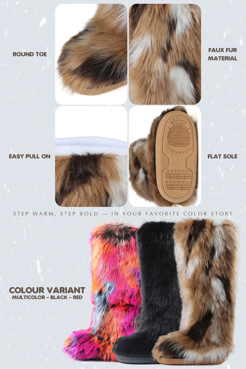 CELNEPHO Womens Faux Fur Knee High Boots Round Toe Flat Heel Easy Pull on Snow Booties with Full Plush Fur Party Outdoor Winter Warm Cozy Dress Shoes