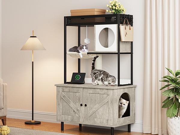 Yitahome Cat Hidden Litter Box Enclosure Furniture with Shelves and Charging Station, Cat Washroom Wooden Cabinet with Cat House Condo, Adjustable Feet, Feeding Station, Scratch Post