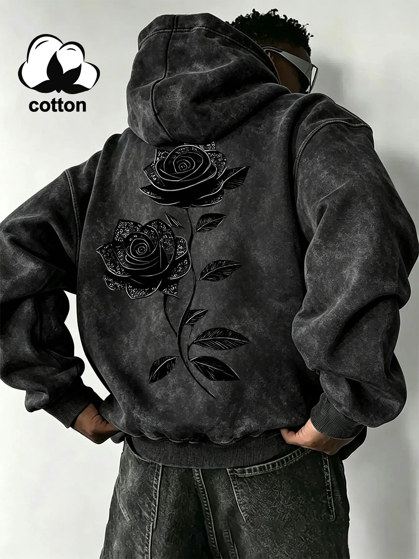 Men's Cotton Pullover Hoodie, Loose Fit, Breathable and Durable, Gothic Rose Print, Casual Street Style, All Seasons
