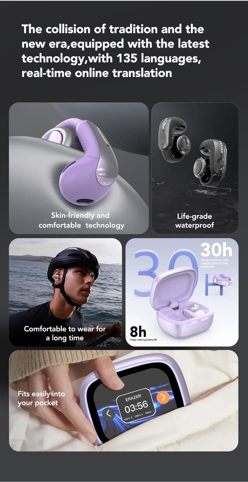 ERAZER XF28 Translation Wireless Earbuds, Clip-On Ear Headphones, Supports Real-Time Translation in 134 Languages With APP, Bluetooth 6.0 Earphones, Audio Wireless Earbuds for Music & Phone Calls,Waterproof Sports Electronic Headphones with Long Endurance