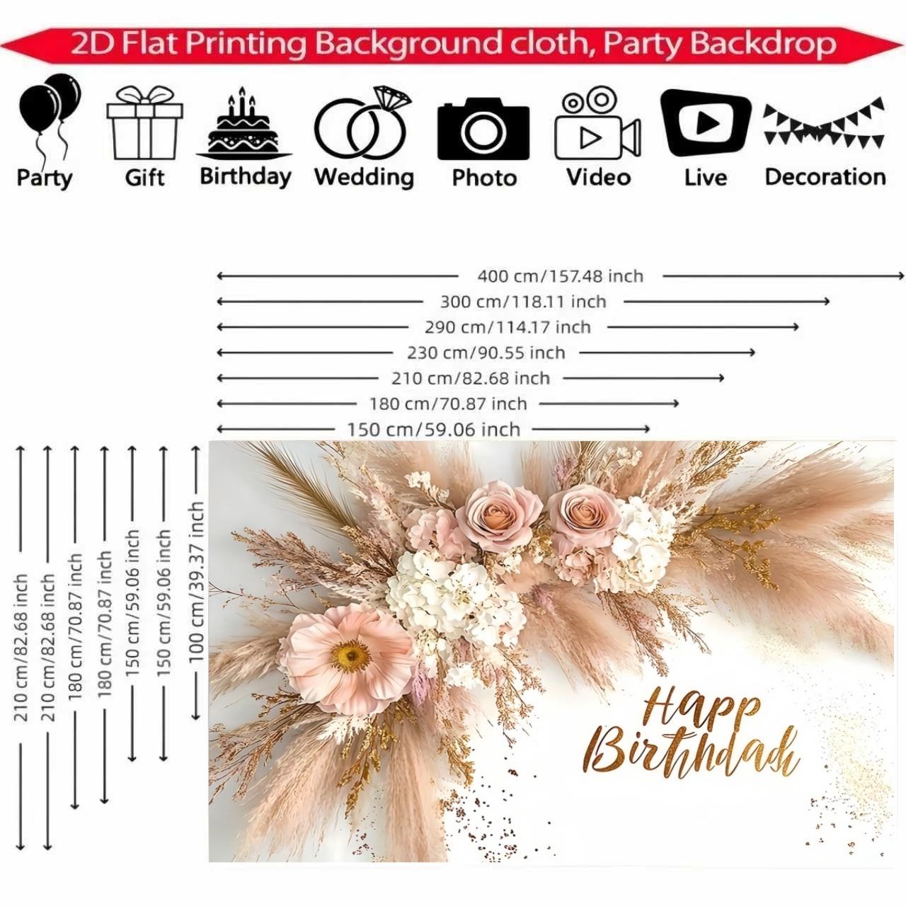 2DFlat1pc Boho Dried Flower Style Happy Birthday Backdrop Banner, With Pink Roses, Pampas Grass and Gold Glitter Elements, Ideal for Boho Birthday Party, Bohemian Themed Celebration, Ins Style Photoshoot Decoration, Can Be Used as Photo Background