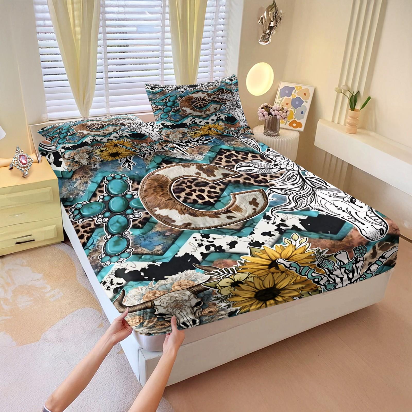 Western Retro Style Patchwork Letter C 3pcs Fitted Sheet Set,Featuring Bull Head, Sunflower,Leopard Print, Cow Print,Abstract Floral Elements Bedding Set,Comfortable Fiber Bed Cover,Perfect  Forclassic Retro  Decor!Includes 2 Pillowcases,No Pillow Core.