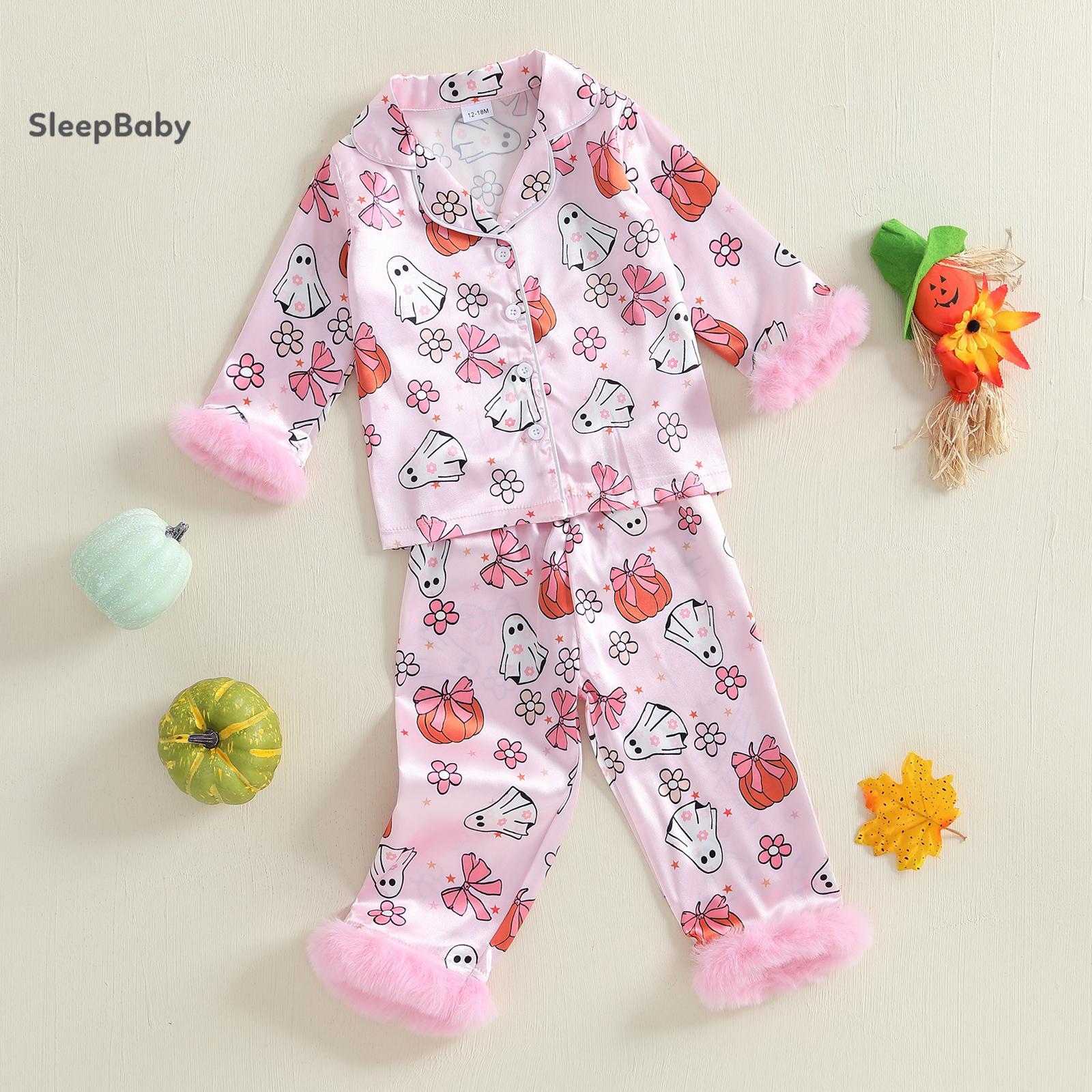 Halloween Cute Cartoon Ghost Pumpkin Print Kids Halloween Satin Pjs 2 Colors Pink Purple Fluffy Fur Cuff Lapel Long Sleeve Two Piece Toddler Girls Daily Holiday Matching Sleep Set Halloween Cute Cartoon Ghost Pumpkin Print Kids Halloween Satin Pjs 2 Colors Pink Purple Fluffy Fur Cuff Lapel Long Sleeve Two Piece Toddler Girls Daily Holiday Matching Sleep Set