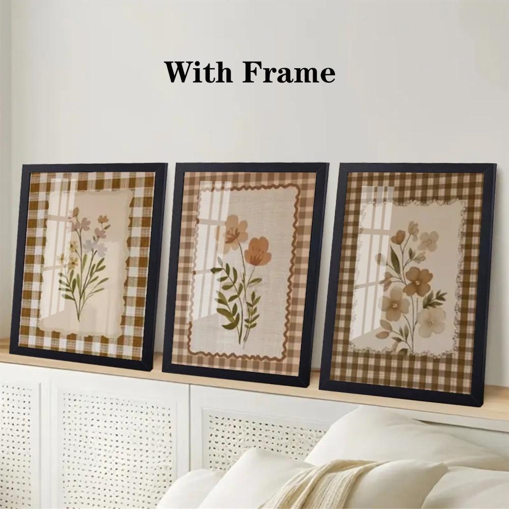 3 Pieces Optional Wooden Frame Nostalgic Wall Poster Classic Rustic Wildflower Art Print Brown Plaid Floral Canvas Painting Art Bedroom Hallway Decor Corridor Entryway Wall Embellishment Physical Photo Frame Adaptable Poster