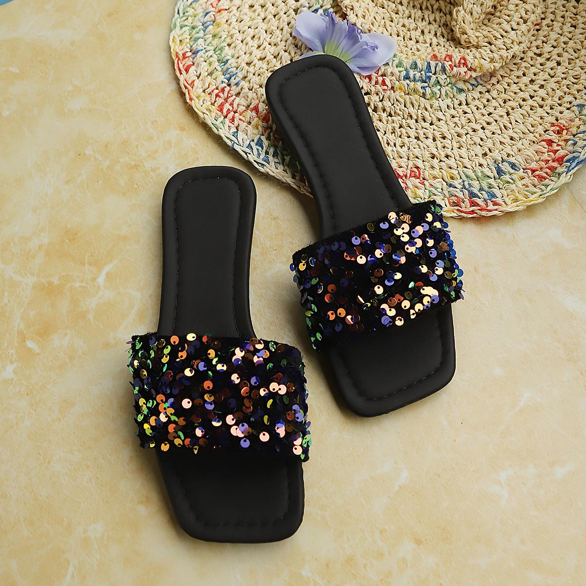 Colorful Sequin Square Toe Slide Sandals for Women