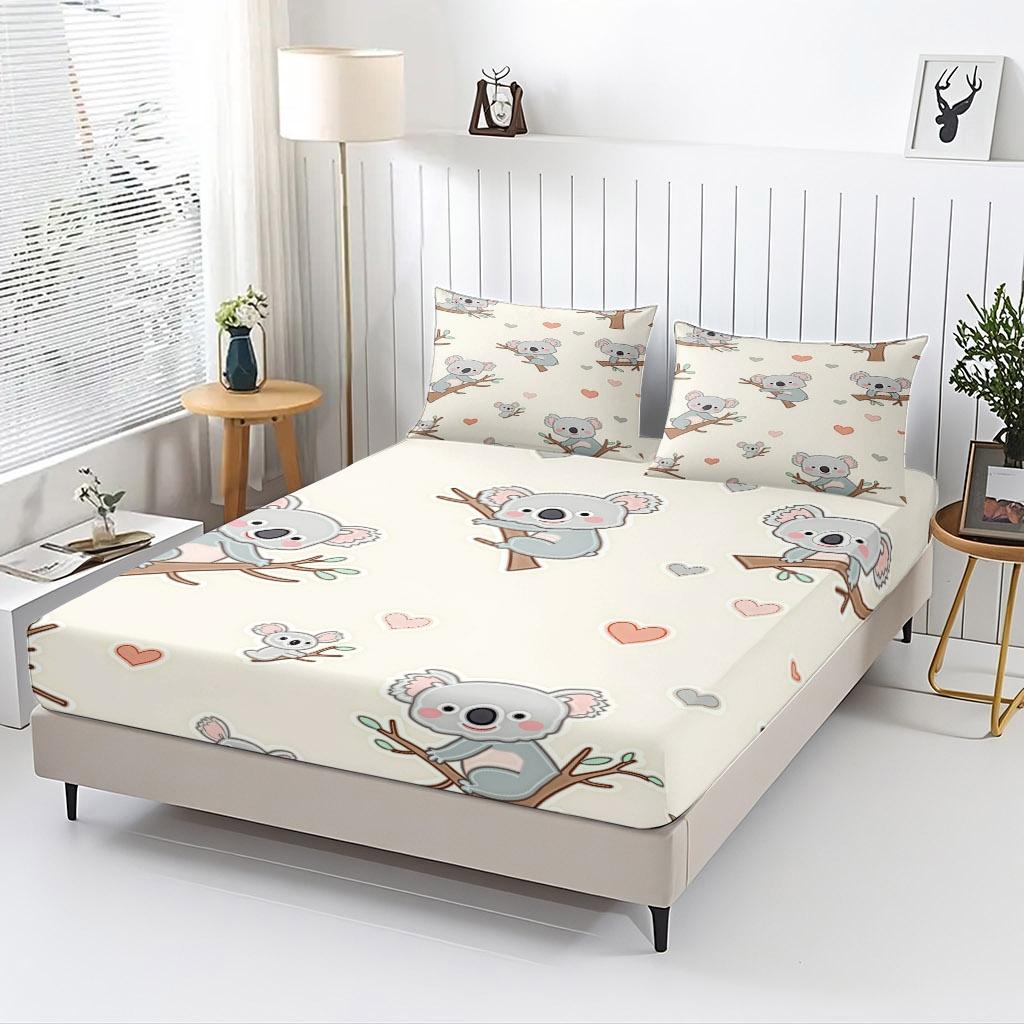 3-Piece Set Of Koala On The Tree And Heart-Shaped Bed Hat, High-Definition Digital Printing, Soft And Breathable, 100% Polyester Fiber, Perfect Gift For All Seasons, Suitable For Family And Friends. Clearance Sale