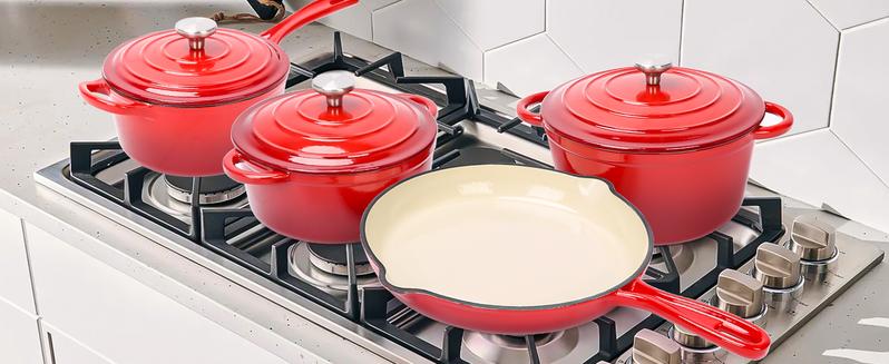 Elf Grill Enameled Cast Iron Cookware Set 7 Piece Rouge Red Dutch Ovens Sauce Pan Skillet 3 Lids Nonstick Heavy Duty Gas Induction Compatible PFA Free Kitchenware - Pot