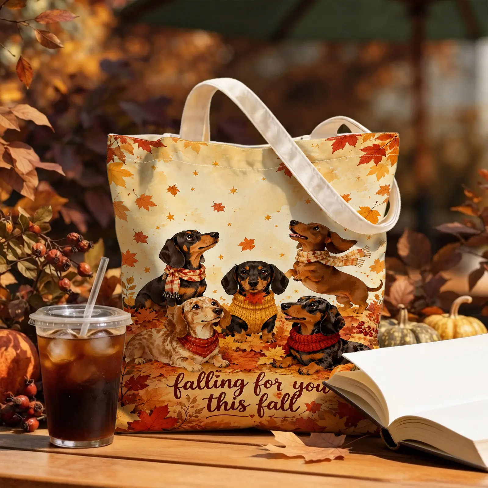 1pc Dachshund Dogs & Fall Leaves Canvas Tote Bag, Cozy Autumn Style, for Women, Girls and Dog Lovers, Shopping, School, Travel and Daily Use, Autumn Gift and Seasonal Gift